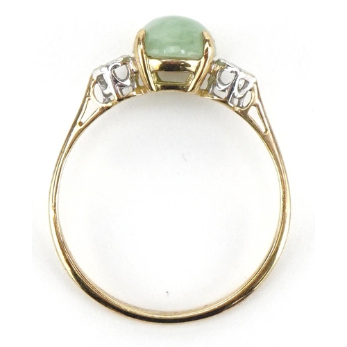 2068 - 9ct gold cabochon green stone and diamond ring, size S, 1.9g