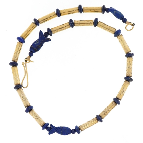 2073 - Egyptian style unmarked gold bead and carved lapis lazuli necklace, tests as 14ct gold, total 29.8g