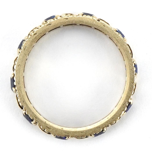 2178 - Unmarked gold sapphire eternity ring with pierced decoration, tests as 9ct gold, size M, 3.0g