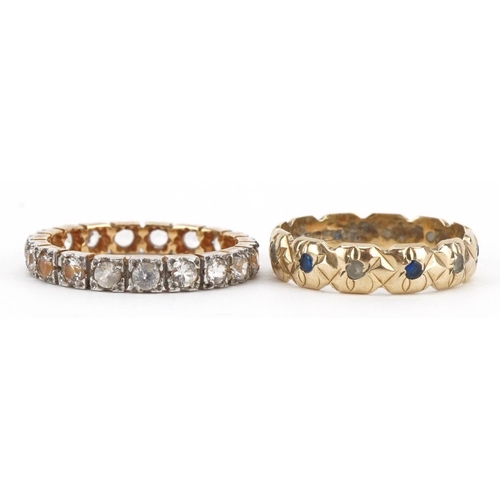 2189 - Two unmarked gold eternity rings set with clear and blue stones, test as 9ct gold, sizes N and L, to... 