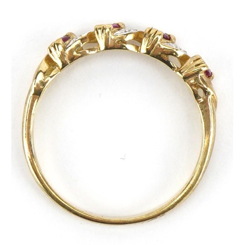 2229 - 9ct gold ruby and diamond crossover ring, size S, 2.1g