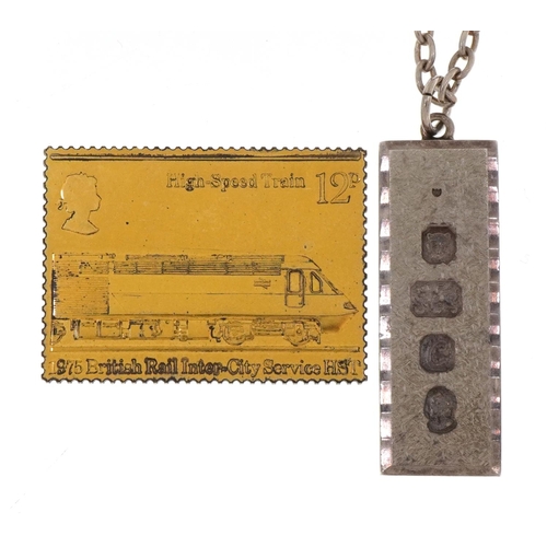 2347 - Silver ingot pendant on silver Belcher link necklace and a silver gilt 1975 British Rail Inter-City ... 