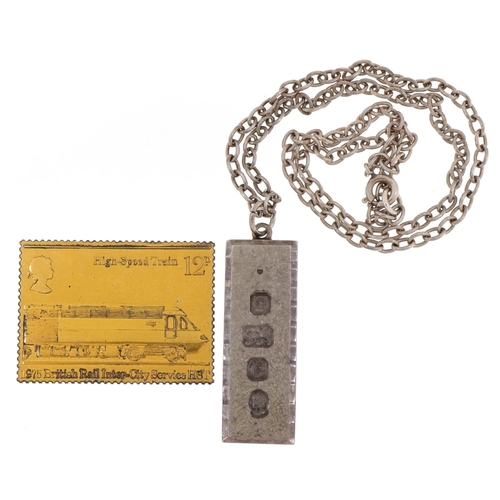 2347 - Silver ingot pendant on silver Belcher link necklace and a silver gilt 1975 British Rail Inter-City ... 