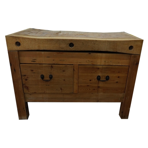 1001 - Victorian pine butcher's block with two drawers to the base, 90cm H x 122cm W x 61cm D