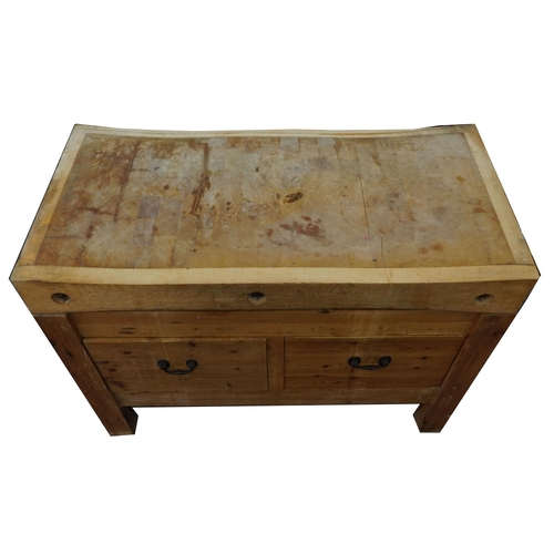 1001 - Victorian pine butcher's block with two drawers to the base, 90cm H x 122cm W x 61cm D