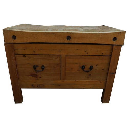 1001 - Victorian pine butcher's block with two drawers to the base, 90cm H x 122cm W x 61cm D