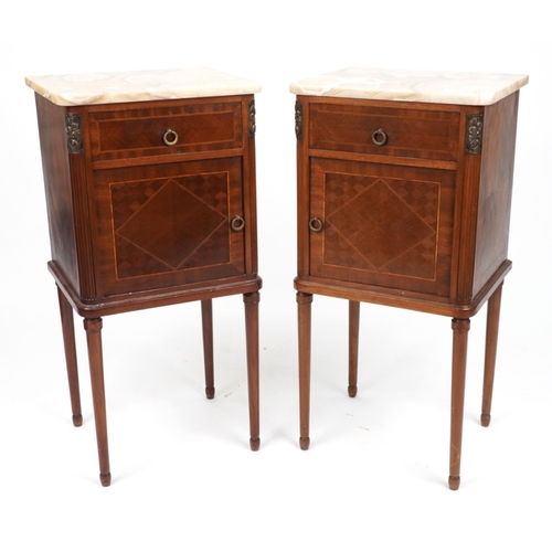 1002 - Pair of French inlaid mahogany nightstands with marble tops and brass mounts, 90cm H x 45cm W x 37cm... 