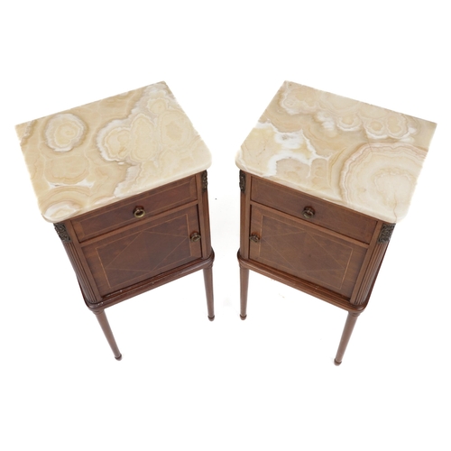 1002 - Pair of French inlaid mahogany nightstands with marble tops and brass mounts, 90cm H x 45cm W x 37cm... 