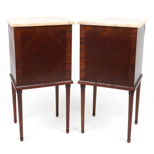 1002 - Pair of French inlaid mahogany nightstands with marble tops and brass mounts, 90cm H x 45cm W x 37cm... 