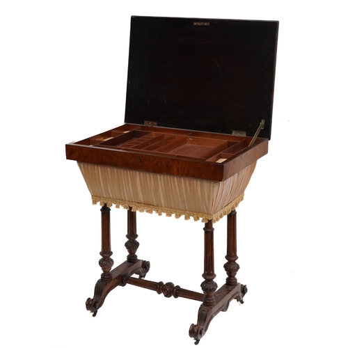 1010 - Victorian walnut workbox, the crossbanded lift up top with floral inlaid panel on fluted legs, 78cm ... 