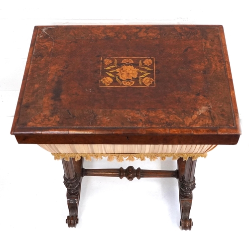 1010 - Victorian walnut workbox, the crossbanded lift up top with floral inlaid panel on fluted legs, 78cm ... 