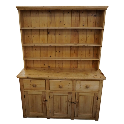 1016 - Large Victorian pine farmhouse dresser with open plate rack above three drawers and three cupboard d... 