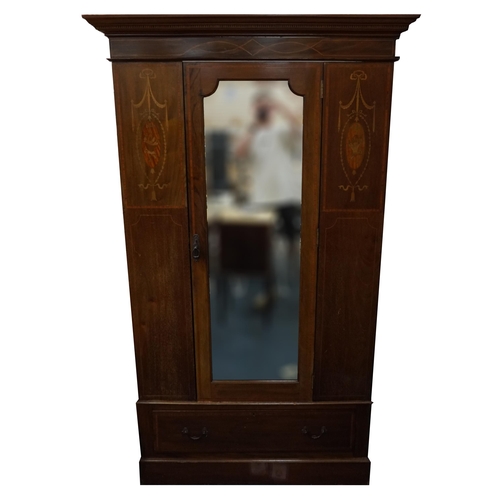 1025 - Edwardian inlaid mahogany wardrobe with mirrored door and drawer to the base, 201cm H x 116cm W x 48... 