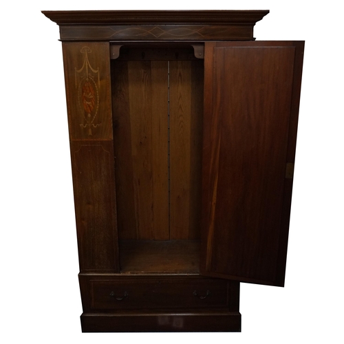 1025 - Edwardian inlaid mahogany wardrobe with mirrored door and drawer to the base, 201cm H x 116cm W x 48... 