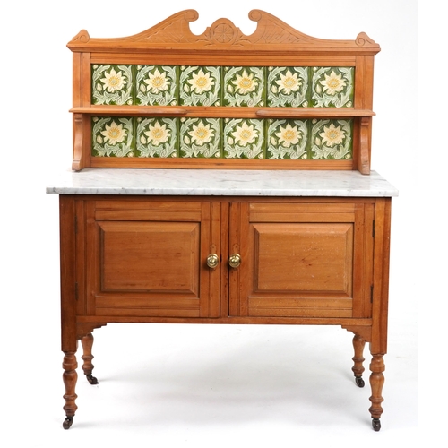 1043 - Victorian pine washstand with marble top and  Aesthetic tiled back, 131cm H x 107cm W x 51cm D