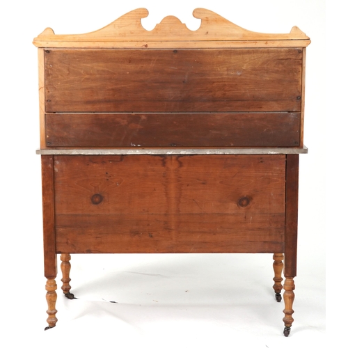 1043 - Victorian pine washstand with marble top and  Aesthetic tiled back, 131cm H x 107cm W x 51cm D