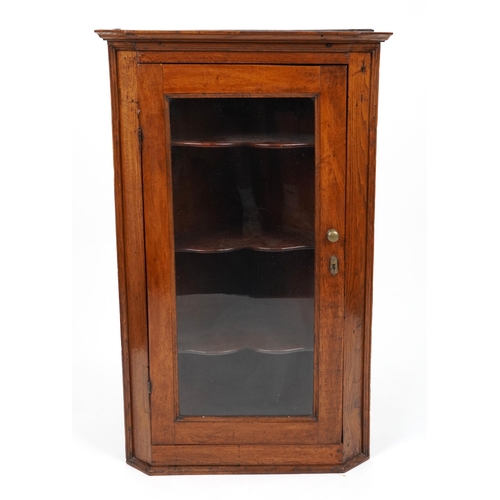 1044 - Antique oak wall hanging corner cabinet with glazed door enclosing three shelves, 113cm H x 70cm W x... 