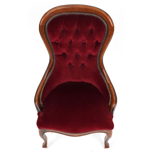 1119 - Victorian style mahogany framed bedroom chair with button back upholstery, 90cm high