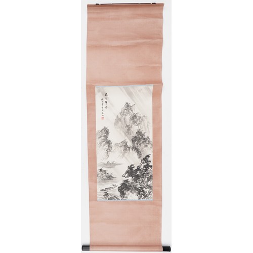 496 - Chinese wall hanging scroll hand painted with a mountainous landscape, 68cm x 32cm