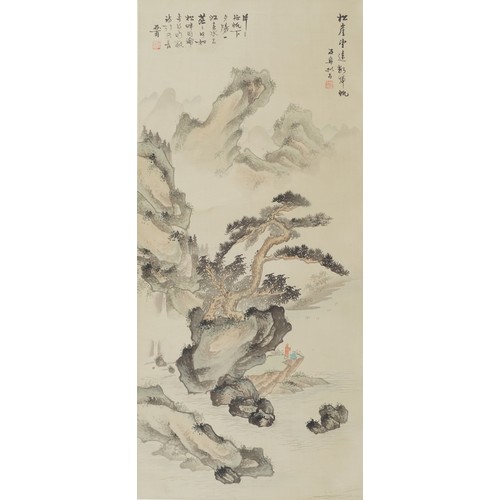 498 - Chinese wall hanging scroll hand painted with figures in a mountainous landscape, 85cm x 38cm