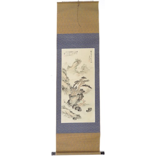 498 - Chinese wall hanging scroll hand painted with figures in a mountainous landscape, 85cm x 38cm