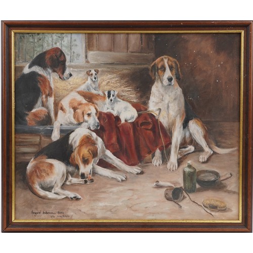 121 - Margaret Anderson, After John Emms - Hunting hounds in a barn, oil on canvas, mounted and framed, 59... 