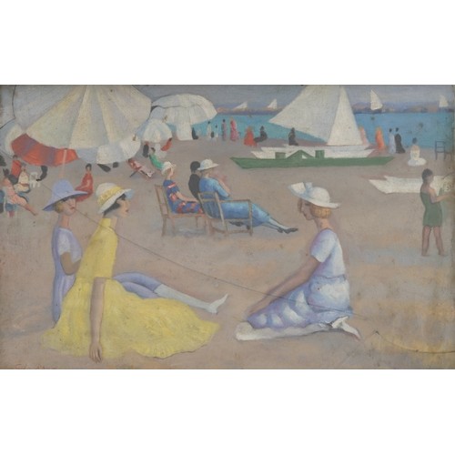 598 - Seated females on a beach, French school oil on board, mounted and framed, 42cm x 27.5cm excluding t... 