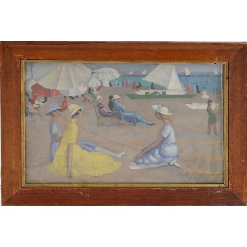 598 - Seated females on a beach, French school oil on board, mounted and framed, 42cm x 27.5cm excluding t... 