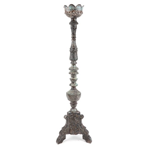 1029 - Large floor standing verdigris bronze altar candleholder, 101cm high