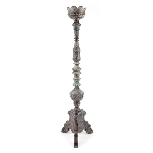 1029 - Large floor standing verdigris bronze altar candleholder, 101cm high