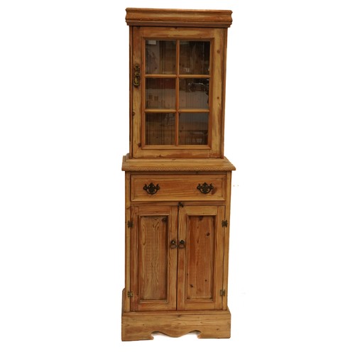 1031 - Slim pine dresser with glazed door above drawer and pair of cupboard doors, 183cm H x 61cm W x 38.5c... 