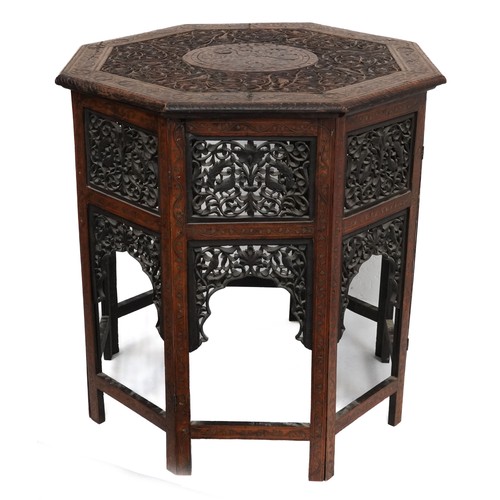 1020 - Anglo Indian folding octagonal occasional table with brass inlay, 70cm high x 77cm in diameter