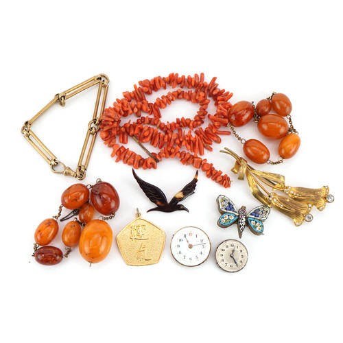 2361 - Antique and later jewellery including butterscotch amber coloured beads, coral beads, micro mosaic b... 