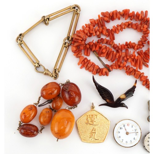 2361 - Antique and later jewellery including butterscotch amber coloured beads, coral beads, micro mosaic b... 