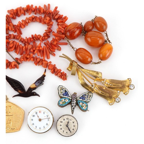 2361 - Antique and later jewellery including butterscotch amber coloured beads, coral beads, micro mosaic b... 