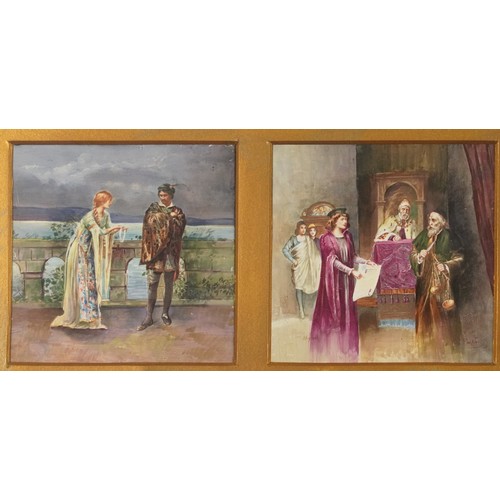 1200 - Walter Paget, set of six porcelain tiles hand painted with Shakespearian scenes including Falstaff a... 