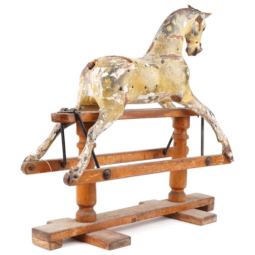 1376 - G & J Lines, Victorian gesso wood rocking horse with glass eyes, 91cm in length x 85cm high