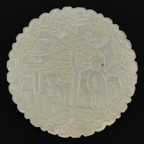 184 - Ten good Chinese Canton mother of pearl gaming counters finely carved with figures amongst pavilions... 