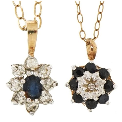 2196 - Two unmarked gold sapphire cluster pendants, one set with a diamond, on 9ct gold necklaces, the larg... 