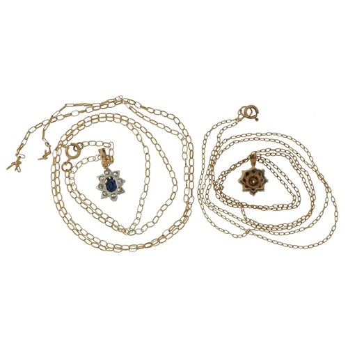 2196 - Two unmarked gold sapphire cluster pendants, one set with a diamond, on 9ct gold necklaces, the larg... 