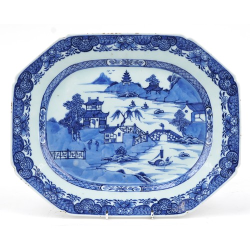 12 - Chinese blue and white porcelain meat platter hand painted with a river landscape and junks, 41cm wi... 