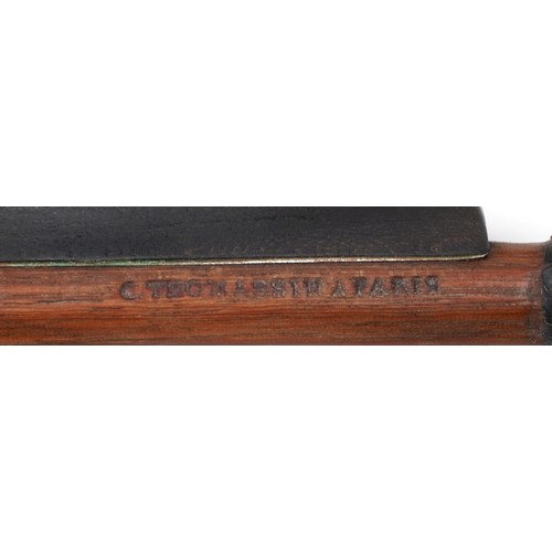 414 - Old wooden violin bow with mother of pearl frog, impressed C Thomassin a Paris, 74.5cm in length