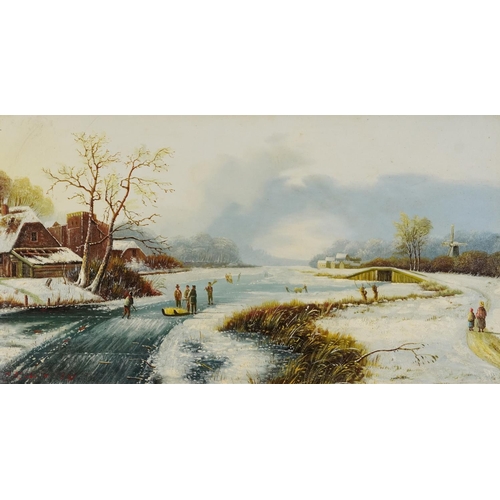 97 - Dutch winter landscape with figures skating on a lake, oil on board, mounted and framed, 54cm x 29cm... 