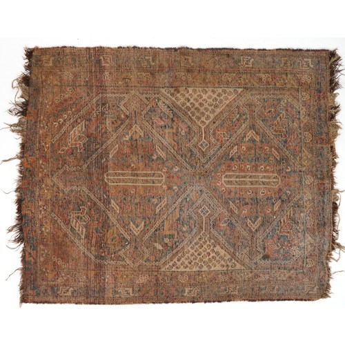 1022 - Antique Turkish rug having an all over blue and red geometric design, 180cm x 146cm