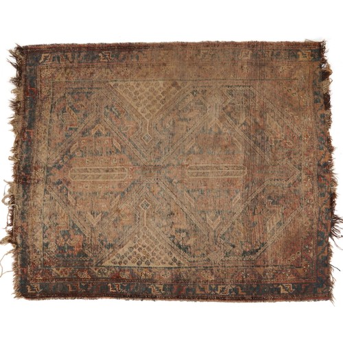 1022 - Antique Turkish rug having an all over blue and red geometric design, 180cm x 146cm