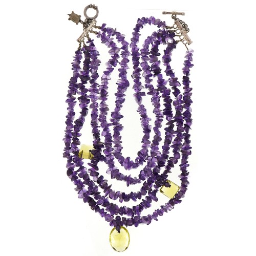 2056 - Elena Cantacuzene, French amethyst and peridot five strand necklace with silver clasp, 40cm in lengt... 