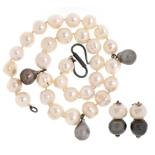 2083 - Freshwater Baroque pearl necklace with silver clasp and matching earrings, the necklace 44cm in leng... 