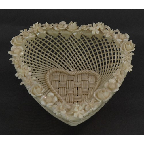 456 - Belleek floral encrusted lace design porcelain love heart design dish, 11.5cm in length