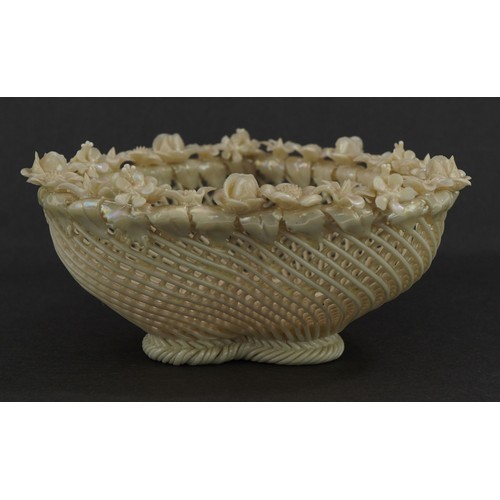 456 - Belleek floral encrusted lace design porcelain love heart design dish, 11.5cm in length