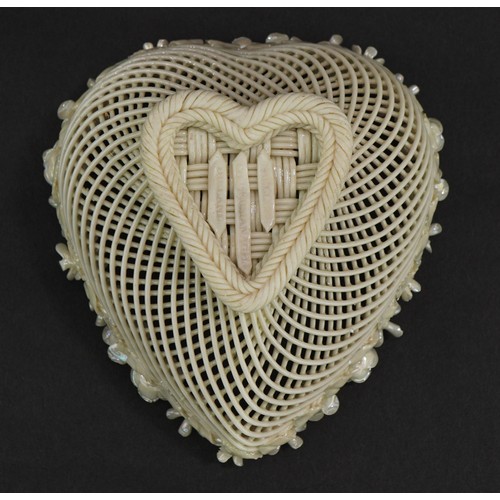 456 - Belleek floral encrusted lace design porcelain love heart design dish, 11.5cm in length